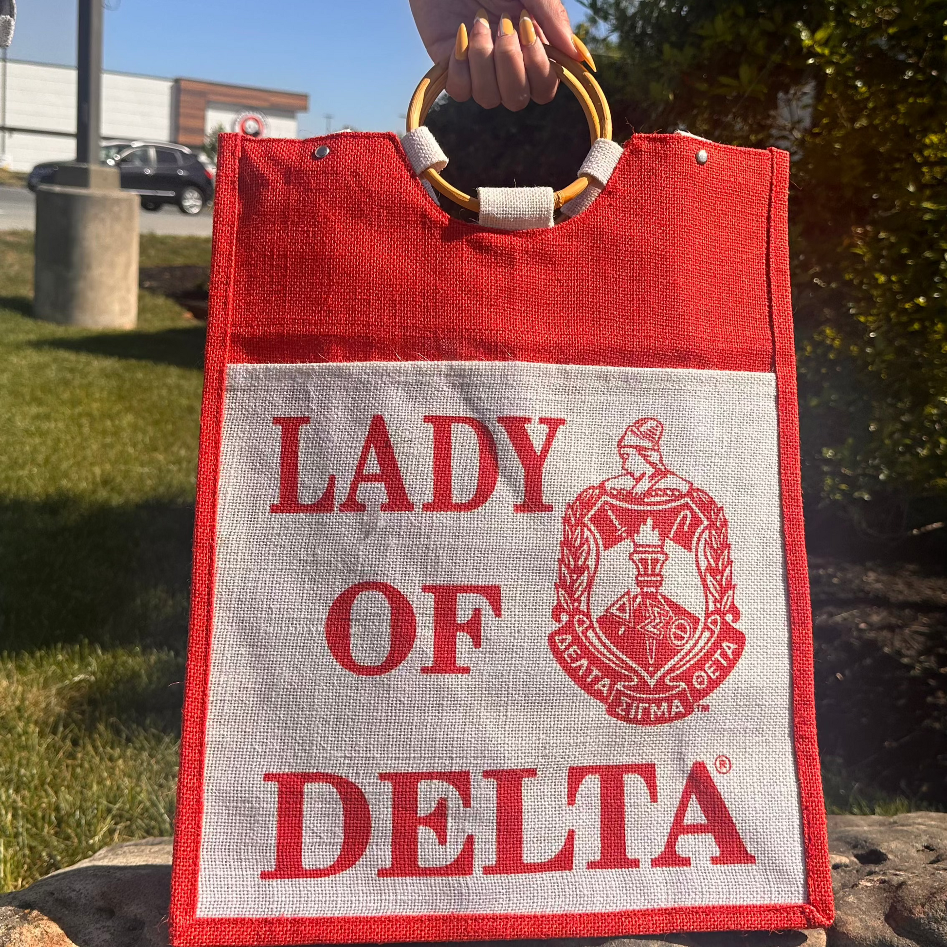 Red and white bag with 'Lady of Delta' text held by a person outdoors.